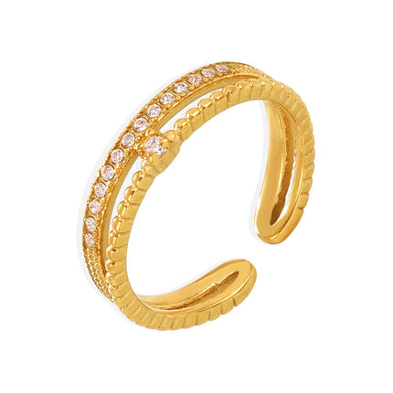 Niche ins-style ring with double cast opening 3A super flash zircon ring titanium steel plated 18k gold adjustable ring