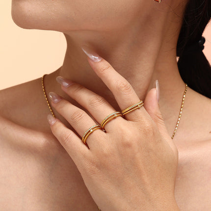 Niche ins-style ring with double cast opening 3A super flash zircon ring titanium steel plated 18k gold adjustable ring
