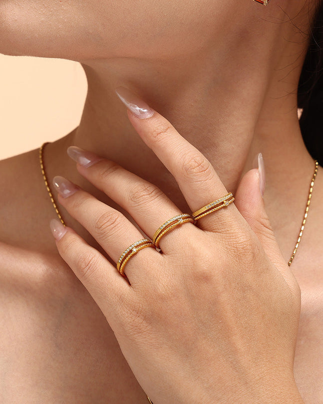 Niche ins-style ring with double cast opening 3A super flash zircon ring titanium steel plated 18k gold adjustable ring