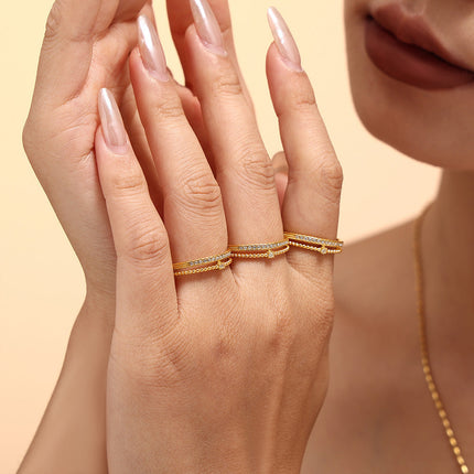 Niche ins-style ring with double cast opening 3A super flash zircon ring titanium steel plated 18k gold adjustable ring