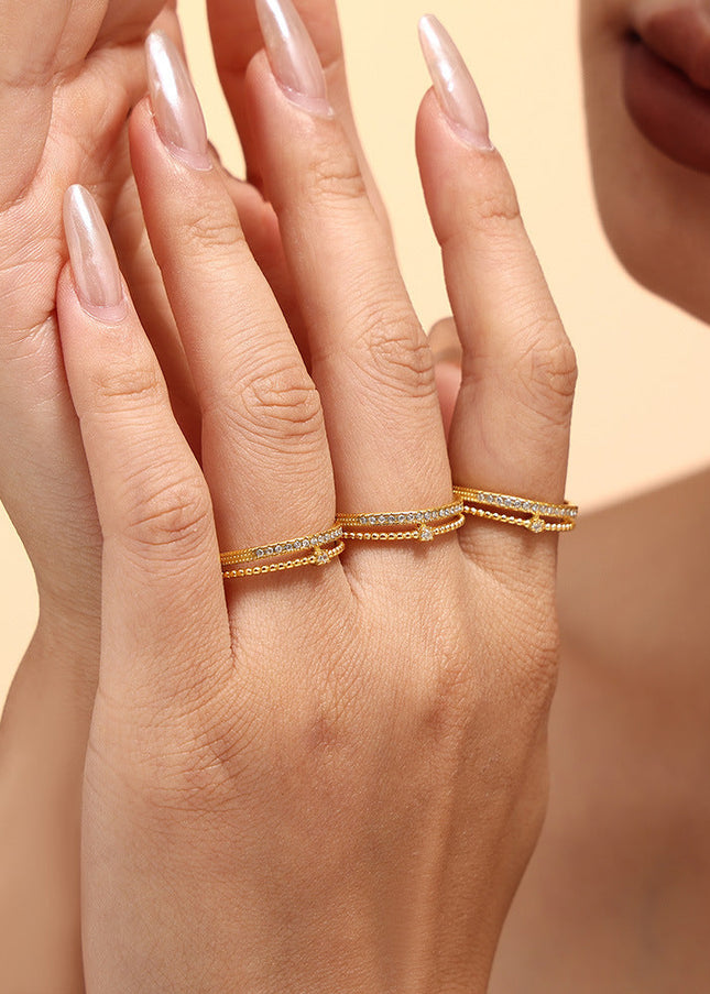 Niche ins-style ring with double cast opening 3A super flash zircon ring titanium steel plated 18k gold adjustable ring