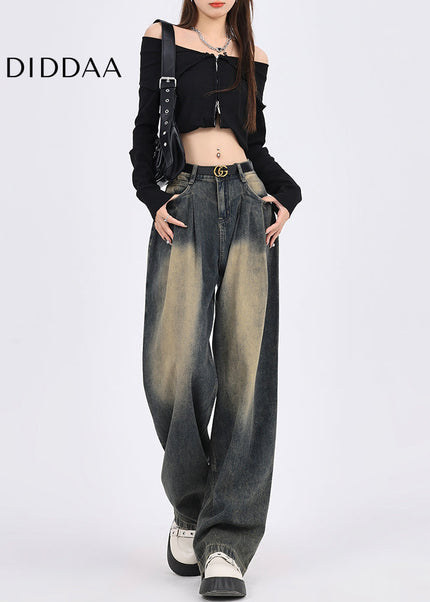 Cement Gray Distressed High Waist Wide-Leg Jeans - Women’s Jeans