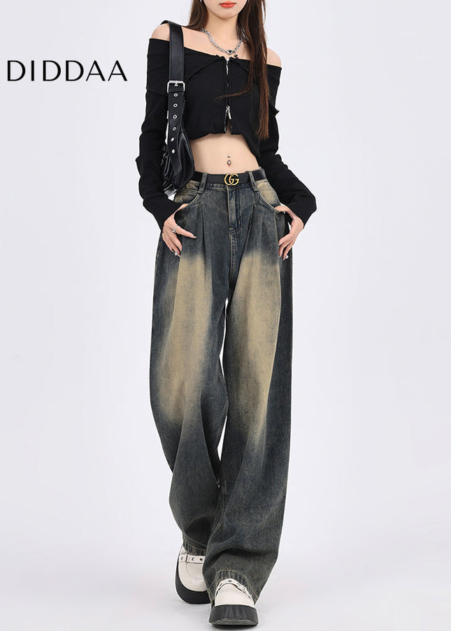 Cement Gray Distressed High Waist Wide-Leg Jeans - Women’s Jeans