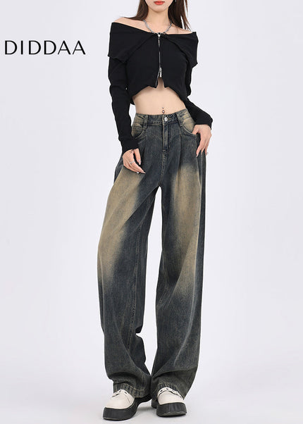 Cement Gray Distressed High Waist Wide-Leg Jeans - Women’s Jeans