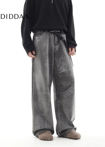 Cement Grey Deconstructed Loose Wide Leg Jeans - Men’s Jeans