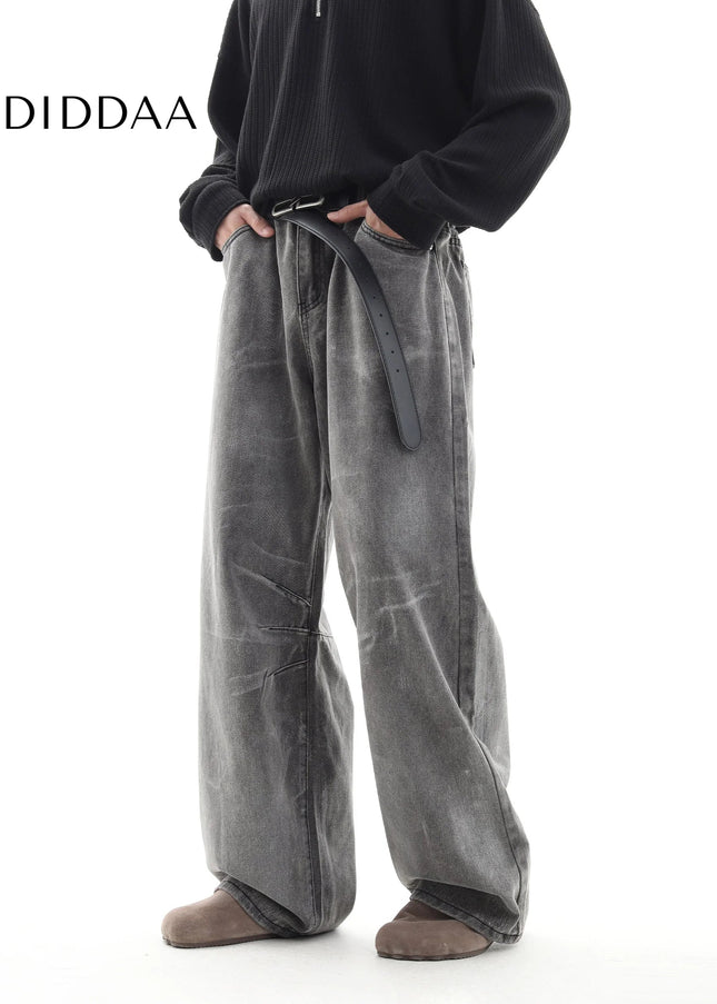 Cement Grey Deconstructed Loose Wide Leg Jeans - Men’s Jeans