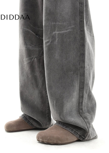 Cement Grey Deconstructed Loose Wide Leg Jeans - Men’s Jeans