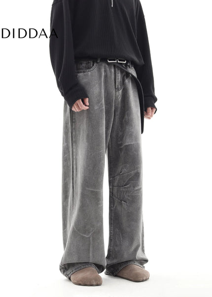 Cement Grey Deconstructed Loose Wide Leg Jeans - Men’s Jeans