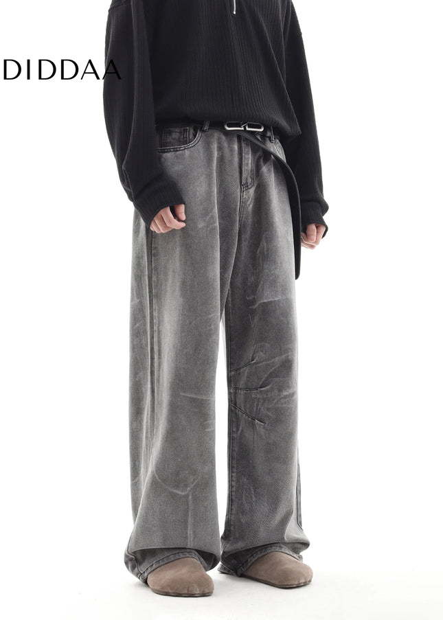 Cement Grey Deconstructed Loose Wide Leg Jeans - Men’s Jeans