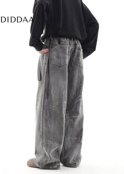 Cement Grey Deconstructed Loose Wide Leg Jeans - Men’s Jeans