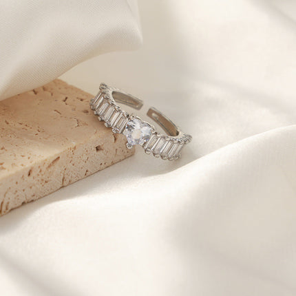 European and American style cross-border new light luxury personality fashion copper material heart-shaped geometric inlay zircon open ring jewelry women