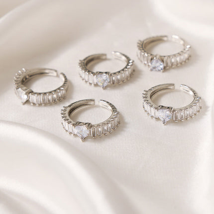 European and American style cross-border new light luxury personality fashion copper material heart-shaped geometric inlay zircon open ring jewelry women