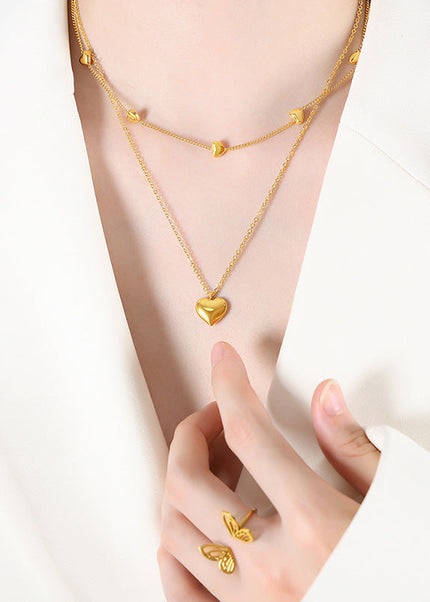 Japanese and Korean love peach heart double-layer chain simple titanium steel wholesale jewelry does not fade girls niche necklace clavicle chain