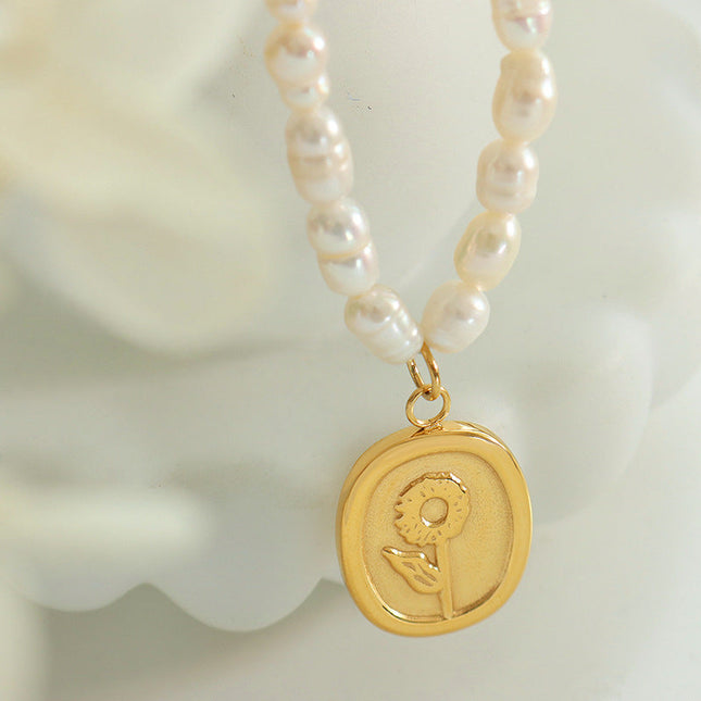 French vintage engraved sunflower oval pendant freshwater pearl necklace irregular oval vintage pearl strand