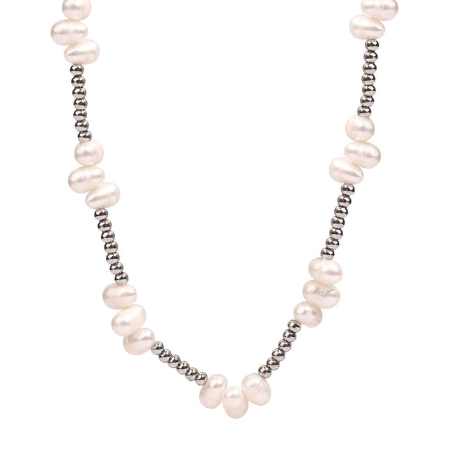European and American new personality fashion simple natural baroque freshwater pearl titanium steel beads handmade beaded necklace jewelry
