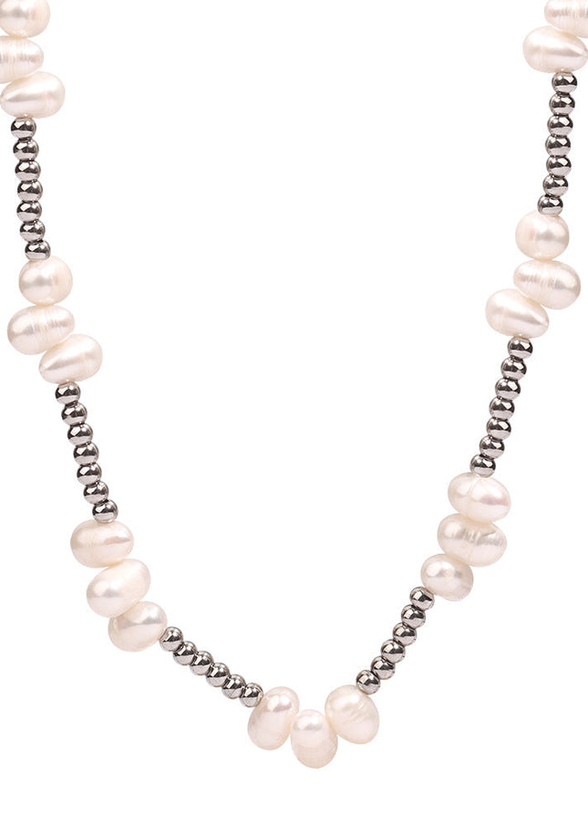 European and American new personality fashion simple natural baroque freshwater pearl titanium steel beads handmade beaded necklace jewelry