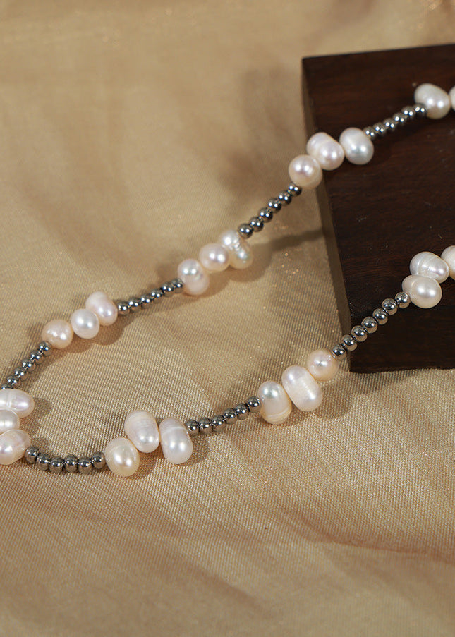 European and American new personality fashion simple natural baroque freshwater pearl titanium steel beads handmade beaded necklace jewelry