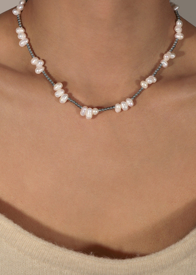 European and American new personality fashion simple natural baroque freshwater pearl titanium steel beads handmade beaded necklace jewelry