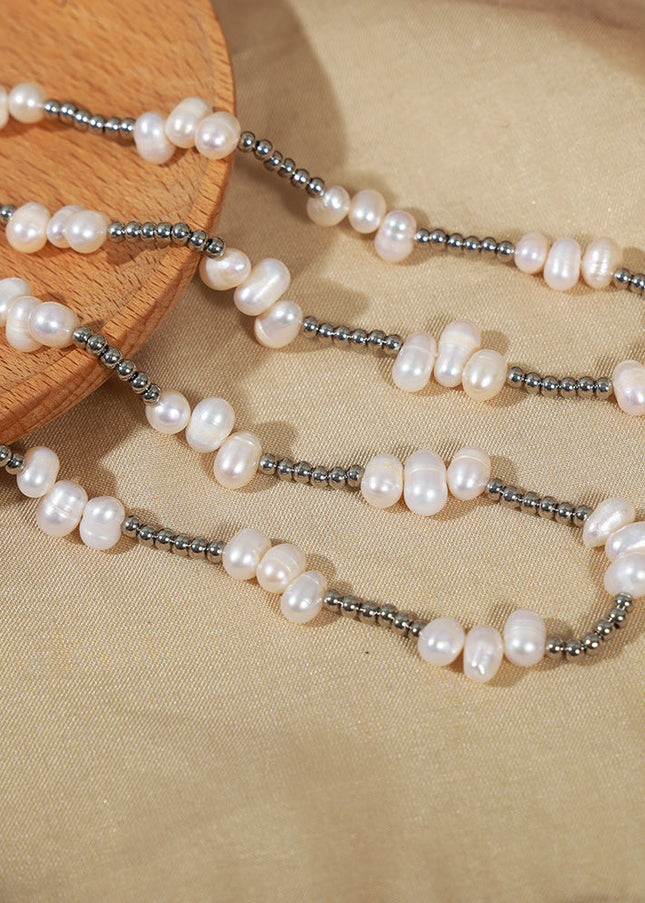 European and American new personality fashion simple natural baroque freshwater pearl titanium steel beads handmade beaded necklace jewelry