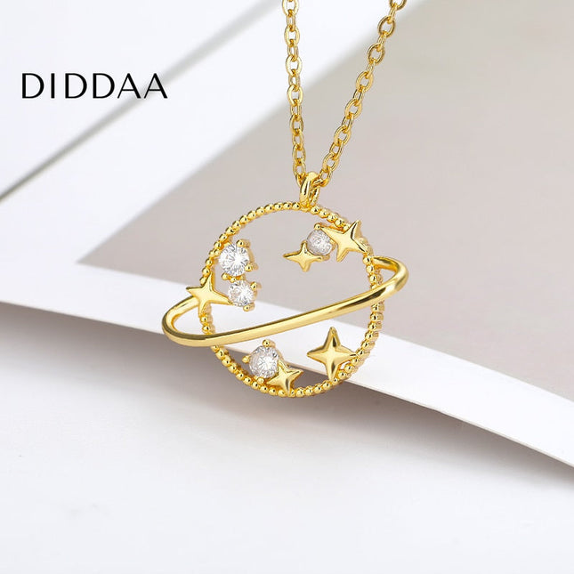 Clauve Pendant Necklace | Gold Zirconia Planet Chain - Necklaces