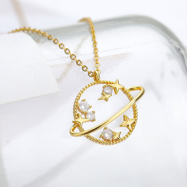 Clauve Pendant Necklace | Gold Zirconia Planet Chain - Gold - Necklaces