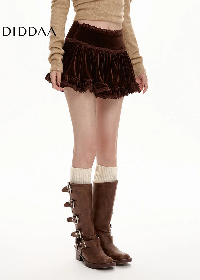 Coffee Gold Velvet High-Waisted A-Line Skirt for Women - Skirts