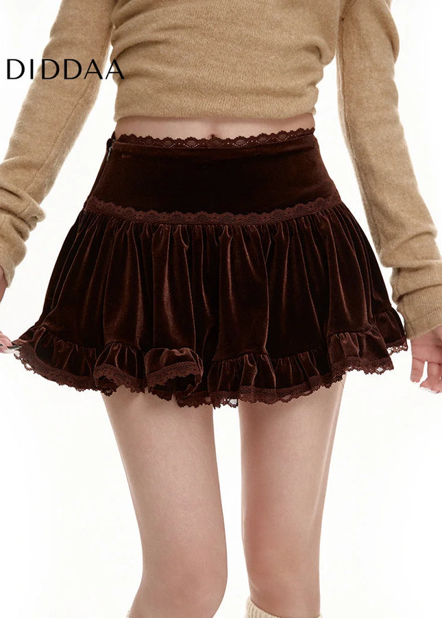 Coffee Gold Velvet High-Waisted A-Line Skirt for Women - Skirts