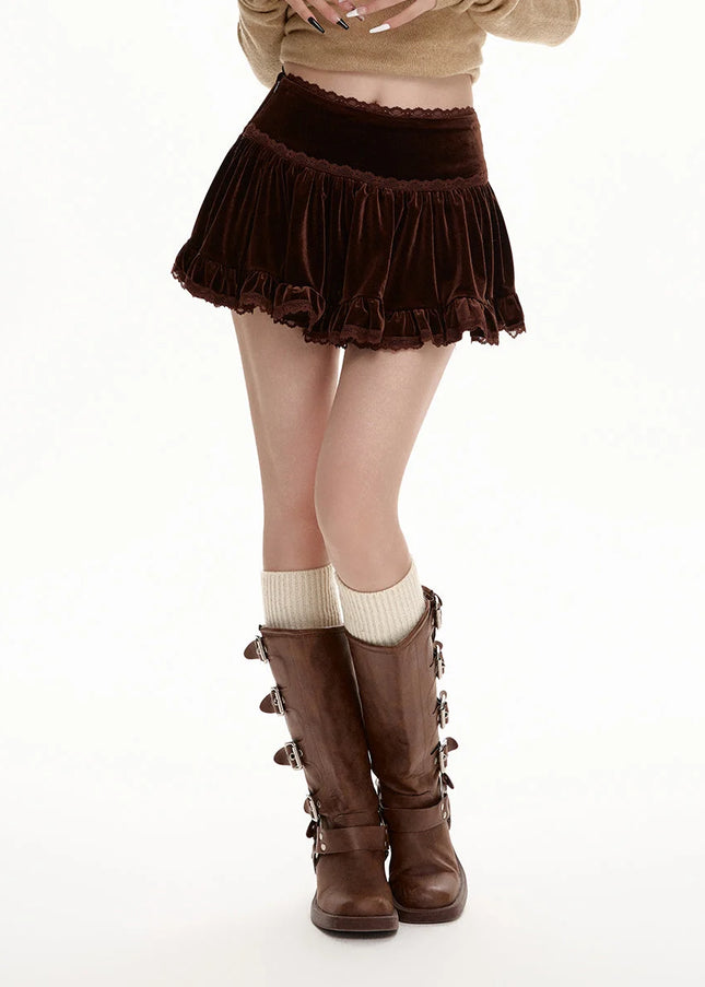 Coffee Gold Velvet High-Waisted A-Line Skirt for Women - Skirts