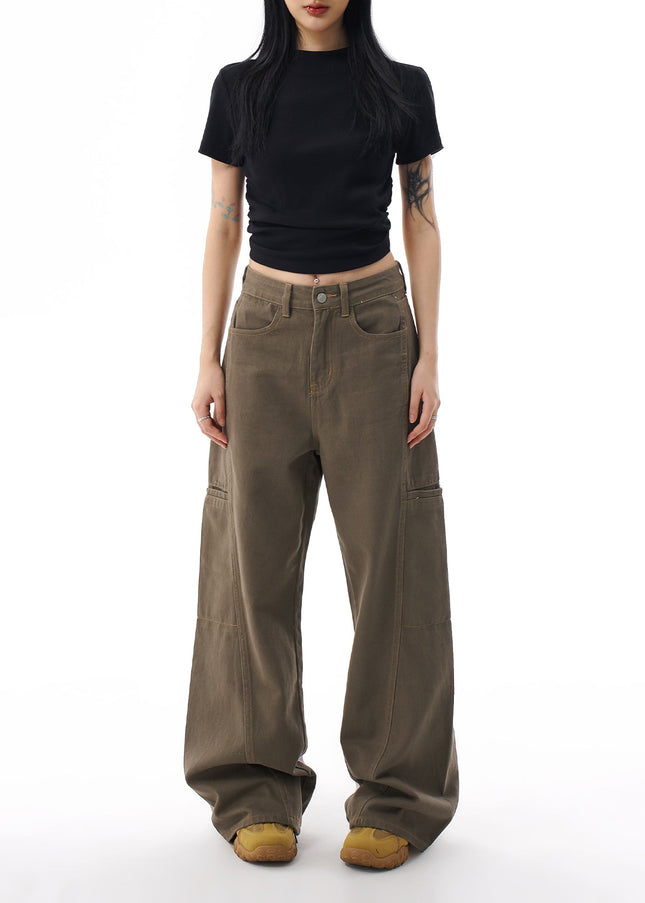 Coffee Green Loose Straight Leg Cargo Pants - Women’s Jeans
