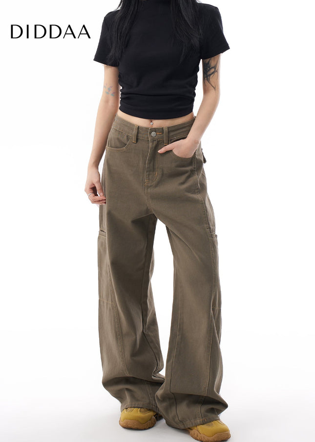 Coffee Green Loose Straight Leg Cargo Pants - Women’s Jeans