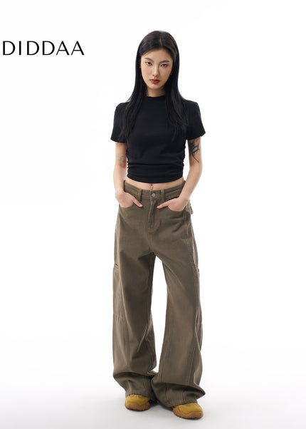 Coffee Green Loose Straight Leg Cargo Pants - Women’s Jeans