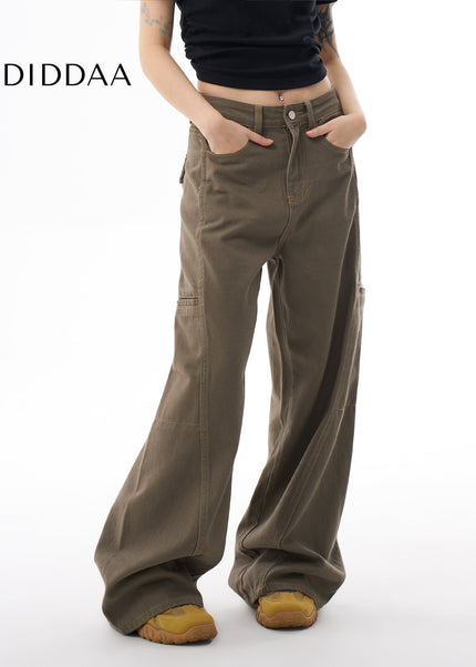 Coffee Green Loose Straight Leg Cargo Pants - Women’s Jeans