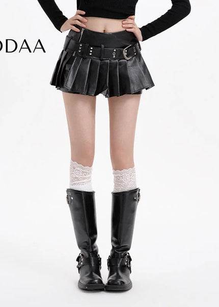 Coffee High-Waisted Pleated PU Leather Skirt - S / Black - Skirts