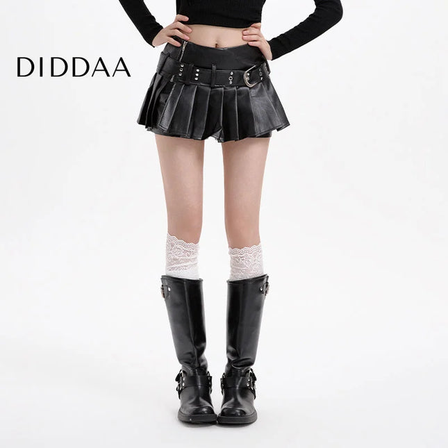 Coffee High-Waisted Pleated PU Leather Skirt - S / Black - Skirts