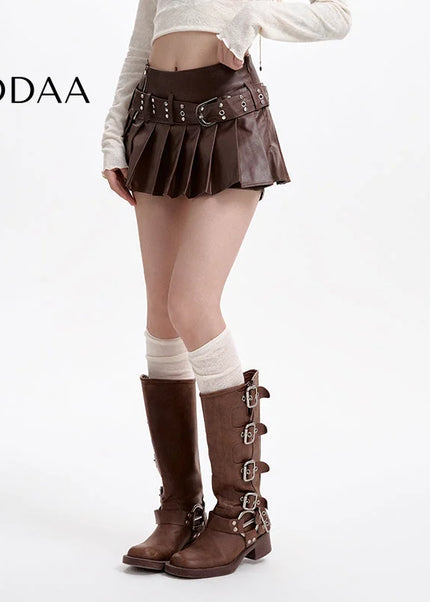 Coffee High-Waisted Pleated PU Leather Skirt - S / Brown - Skirts
