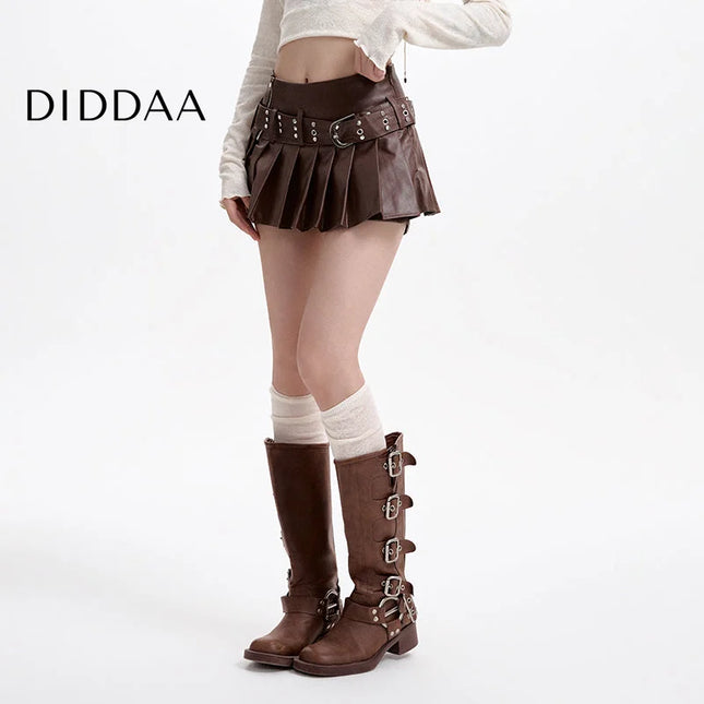 Coffee High-Waisted Pleated PU Leather Skirt - S / Brown - Skirts