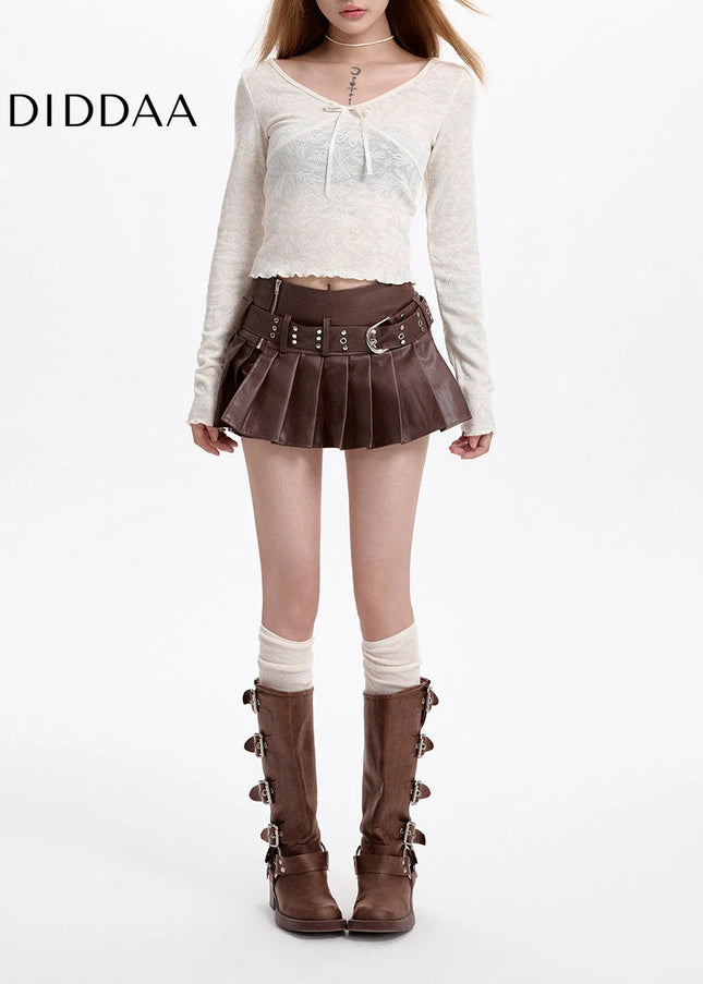 Coffee High-Waisted Pleated PU Leather Skirt - Skirts
