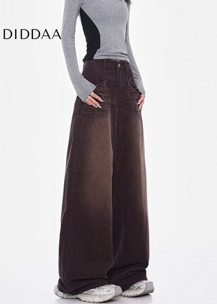 Coffee Vintage Washed Corduroy High Waist Jeans - Women’s Jeans