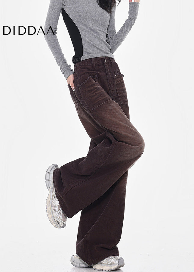 Coffee Vintage Washed Corduroy High Waist Jeans - Women’s Jeans