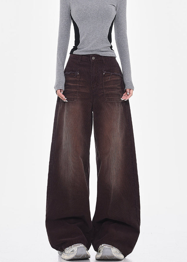 Coffee Vintage Washed Corduroy High Waist Jeans - Women’s Jeans