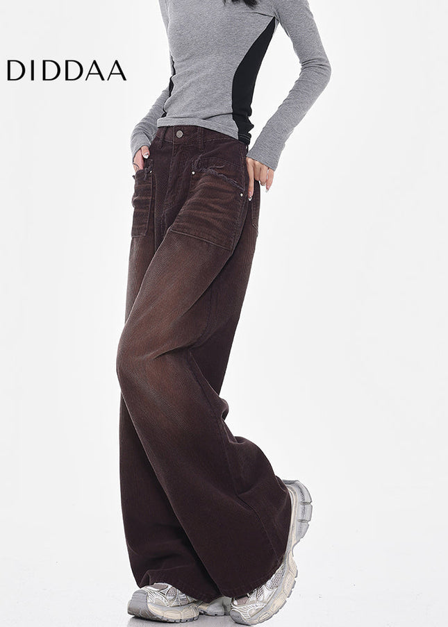 Coffee Vintage Washed Corduroy High Waist Jeans - Women’s Jeans