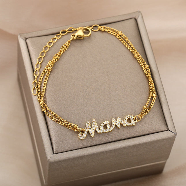 Coutour Bracelet | Gold Zirconia Mama Chain Link Bracelet - Gold - Bracelets