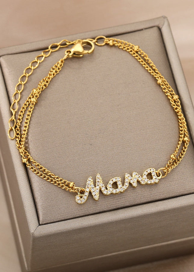 Coutour Bracelet | Gold Zirconia Mama Chain Link Bracelet - Gold - Bracelets