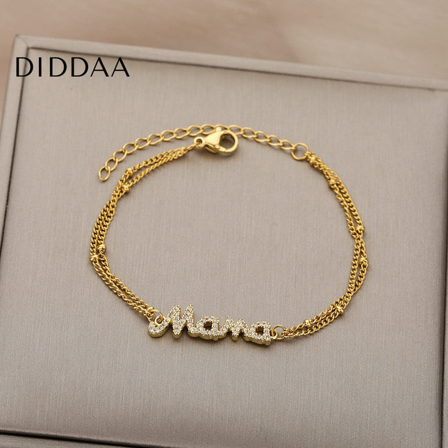 Coutour Bracelet | Gold Zirconia Mama Chain Link Bracelet - Gold - Bracelets