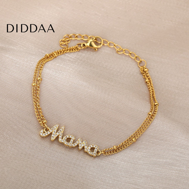 Coutour Bracelet | Gold Zirconia Mama Chain Link Bracelet - Gold - Bracelets