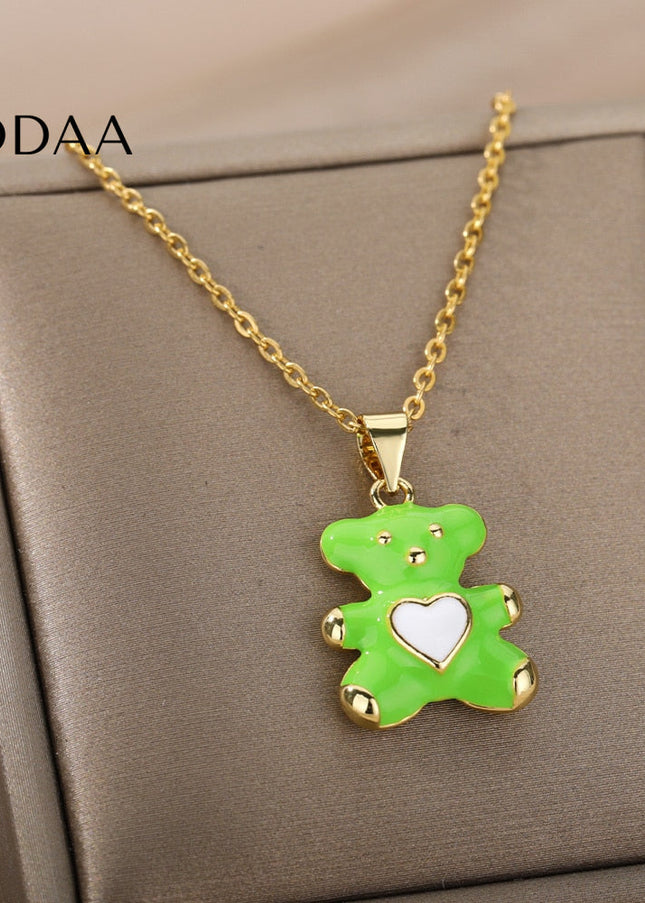 Cozy Pendant Necklace | Gold Bear Animal Chain - Green - Necklaces