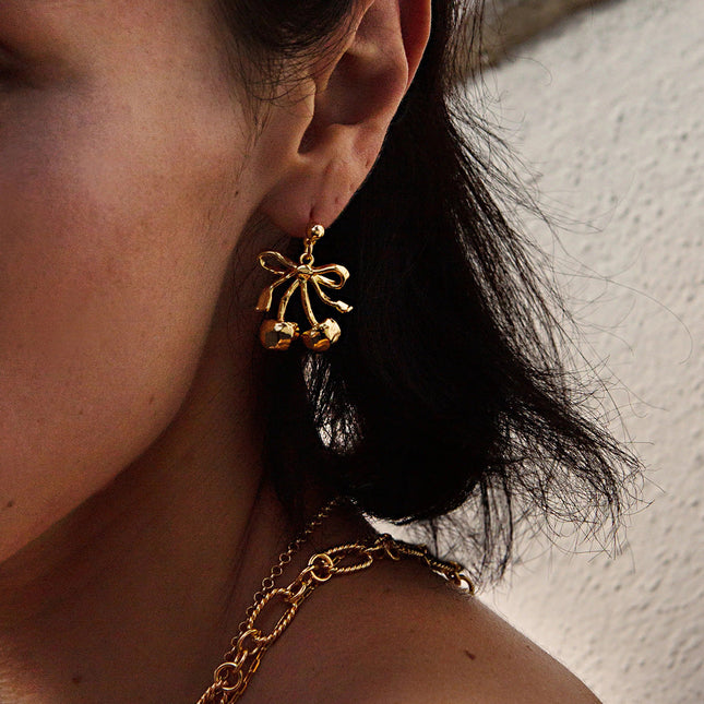 Jieding European and American bow cherry titanium steel stud earrings light luxury high-end earrings earrings cross-border stainless steel jewelry women