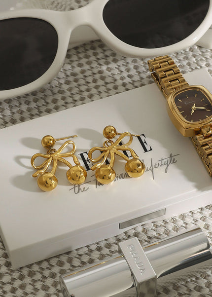 Jieding European and American bow cherry titanium steel stud earrings light luxury high-end earrings earrings cross-border stainless steel jewelry women