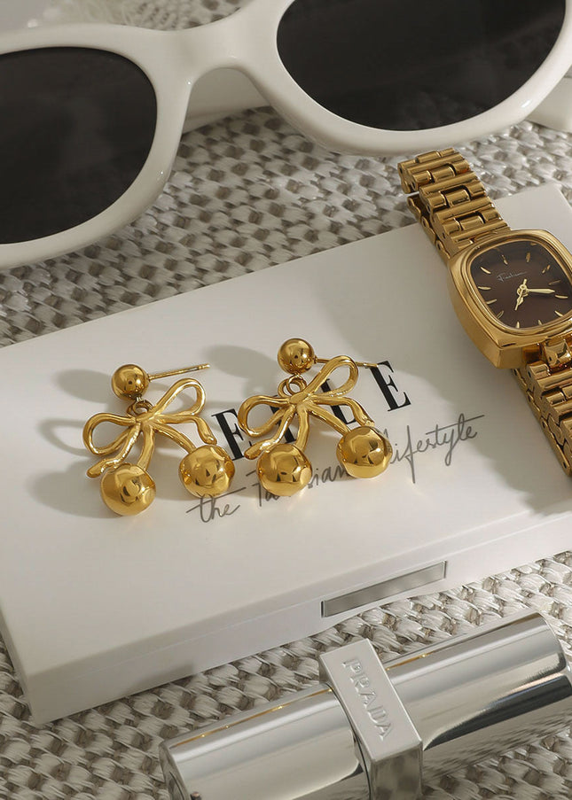 Jieding European and American bow cherry titanium steel stud earrings light luxury high-end earrings earrings cross-border stainless steel jewelry women