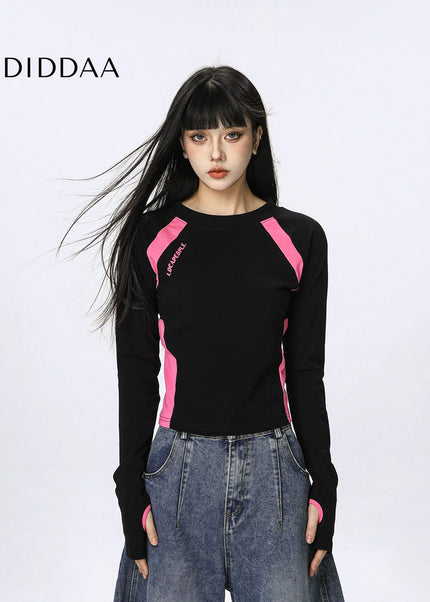 CTB Beer Captain American casual sports splicing hot girls long sleeve T-shirt women’s short slim slim top trend